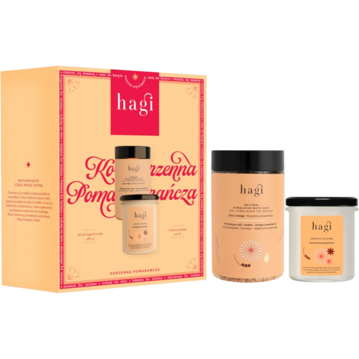 Hagi Zestaw Korzenna Pomarańcza: Świeca 215 ml + sól do kąpieli 480g