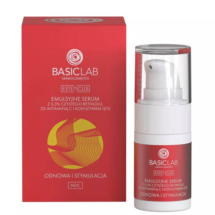 BasicLab Emulsyjne serum z retinolem 0,3%, witaminą C 3% i koenzymem Q10, 15 ml