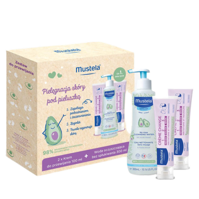 Mustela Zestaw Pielęgnacja skóry pod Pieluszką(Krem do Przewijania 2X100Ml+Woda Oczyszczająca )