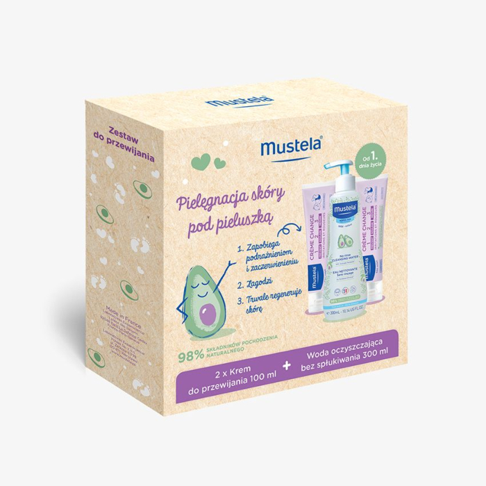 Mustela Zestaw Pielęgnacja skóry pod Pieluszką(Krem do Przewijania 2X100Ml+Woda Oczyszczająca )