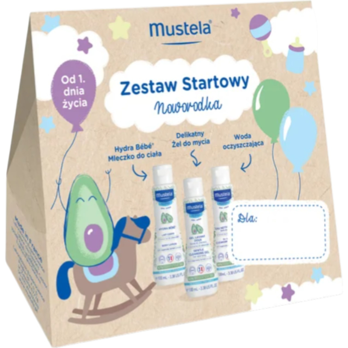 Mustela Zestaw Startowy dla noworodka: Delikatny żel do mycia, 100 ml + Woda oczyszczająca bez spłukiwania, 100 ml + Mleczko do ciała, 100ml