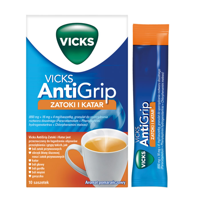 Vicks Antigrip Zatoki i Katar (Vicks SymptoMed), proszek do rozpuszczenia, 10 sasz.
