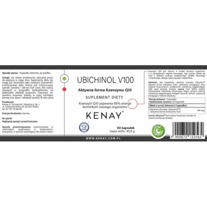 Kenay Suplement diety ubichinol V100 aktywna forma Koenzymu Q10