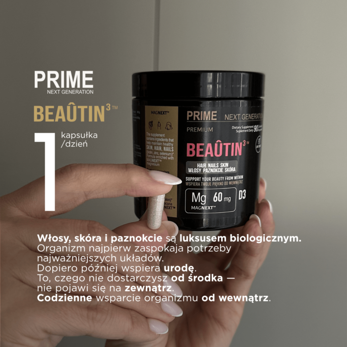 PRIME BEAÛTIN³™ Kompleks beauty na włosy, skórę i paznokcie z biotyną, cynkiem i krzemem, Biotyna 5000 mcg, 90 kaps. 90 dni stosowania