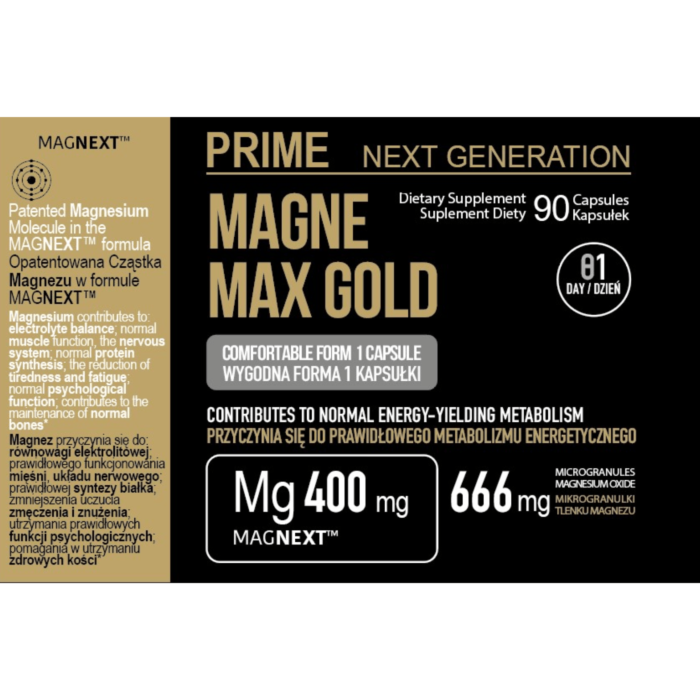 PRIME Magnez MAGNE MAX GOLD MAGNEXT™ Na zmęczenie, regenerację i wydajność organizmu, mięśnie i układ nerwowy, 400 mg, 90 kaps. 90 dni stosowania