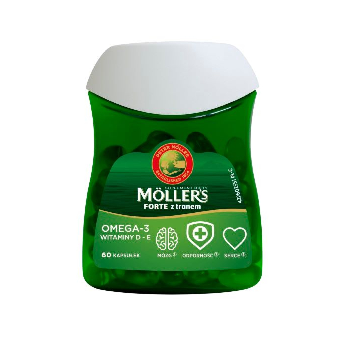 Mollers Forte z Tranem, Preparat zawierający kwasy omega-3 oraz witaminy E i D, Kapsułki