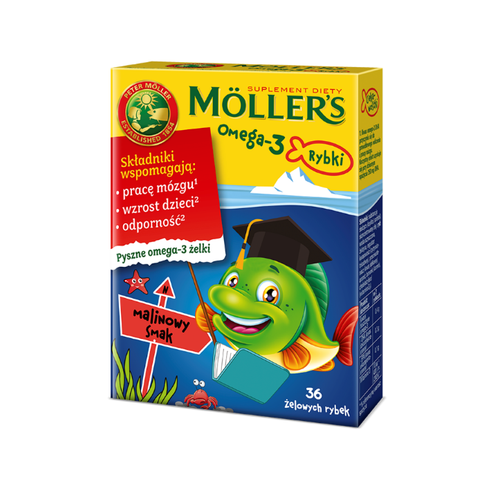 Mollers Omega-3 Rybki, Żelki z kwasami omega-3 i witaminą D3 dla dzieci, Smak malinowy