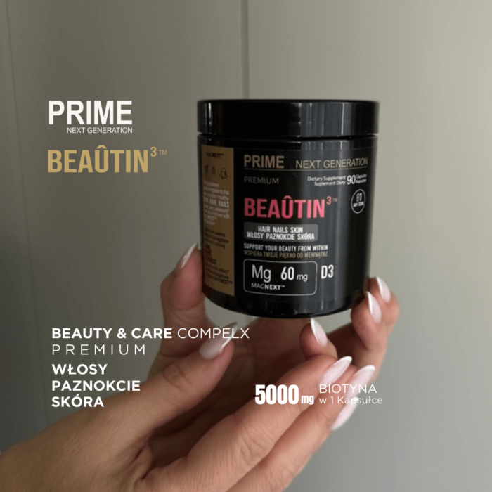 PRIME BEAÛTIN³™ Kompleks beauty na włosy, skórę i paznokcie z biotyną, cynkiem i krzemem, Biotyna 5000 mcg, 90 kaps. 90 dni stosowania