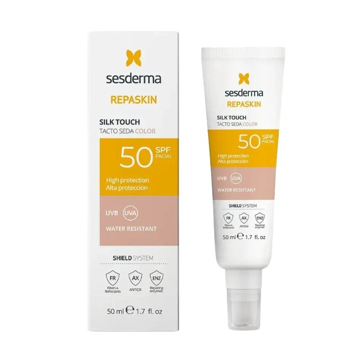 Sesderma Repaskin Silk Touch Color, Fluid przeciwsłoneczny do twarzy wyrównujący kolor skóry SPF50