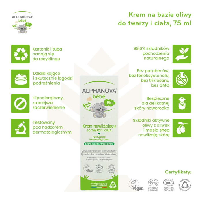 Alphanova Bebe Bio Nawilżający krem do twarzy i ciała na bazie oliwy, do skóry suchej i atopowej, 75 ml