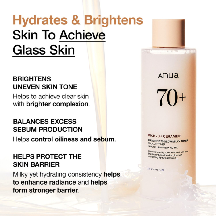 Anua Rice 70 Glow Milky Toner, Intensywnie nawilżający tonik z wodą ryżową do twarzy