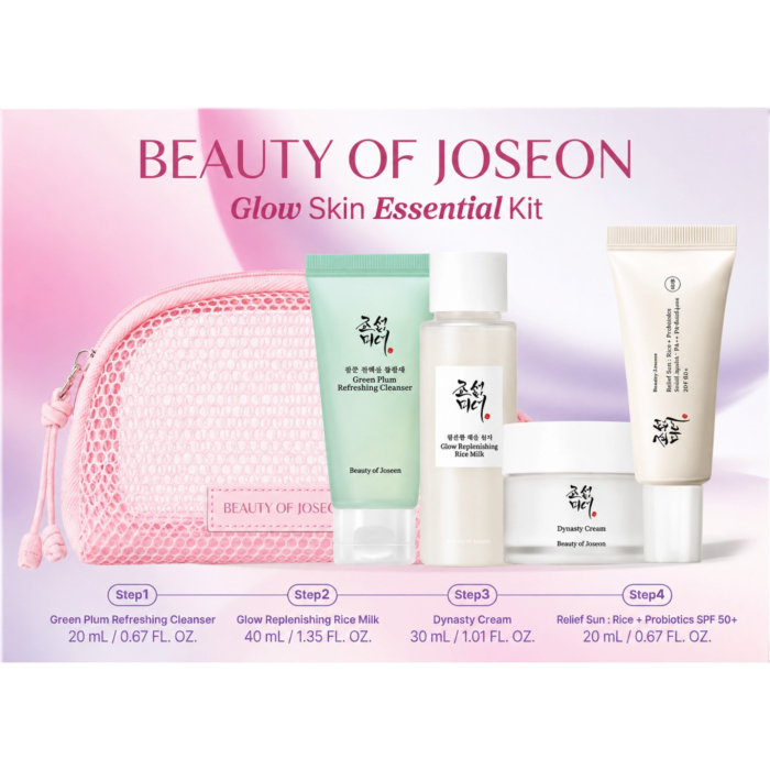 Beauty of Joseon Zestaw Glow Skin Essential Kit: Pianka do twarzy + Dwufazowy tonik rozświetlający + Krem do twarzy z wodą z korzenia żeń-szenia + Krem przeciwsłoneczny SPF50+ PA++++ 