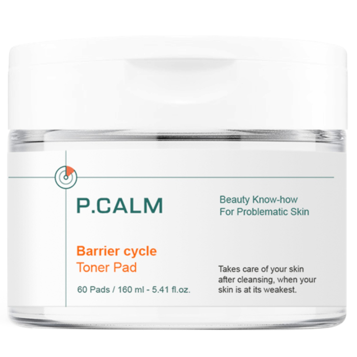 P.Calm Barrier Cycle Toner Pad, Odświeżające płatki kwasowe do twarzy o działaniu łagodzącym i wygładzającym, 60 szt