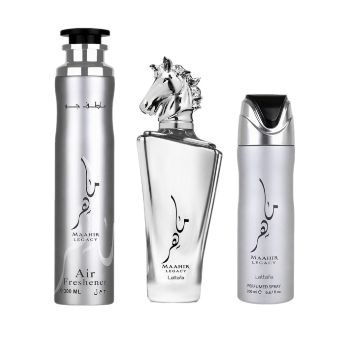 Lattafa Maahir Legacy zestaw prezetowy unisex, woda perfumowana 100 ml, perfumowany dezodorant 200 ml, parfumowany odświeżacz do pomieszczeń, 300ml