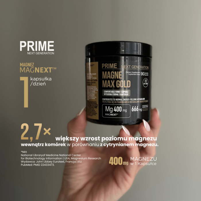 PRIME Magnez MAGNE MAX GOLD MAGNEXT™ Na zmęczenie, regenerację i wydajność organizmu, mięśnie i układ nerwowy, 400 mg, 90 kaps. 90 dni stosowania