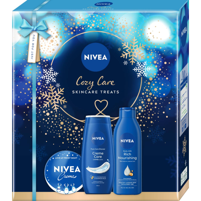 Nivea Zestaw Cozy Care: SG 250 ml + Krem uniwersalny 150 ml + Mleczko do ciała 250 ml