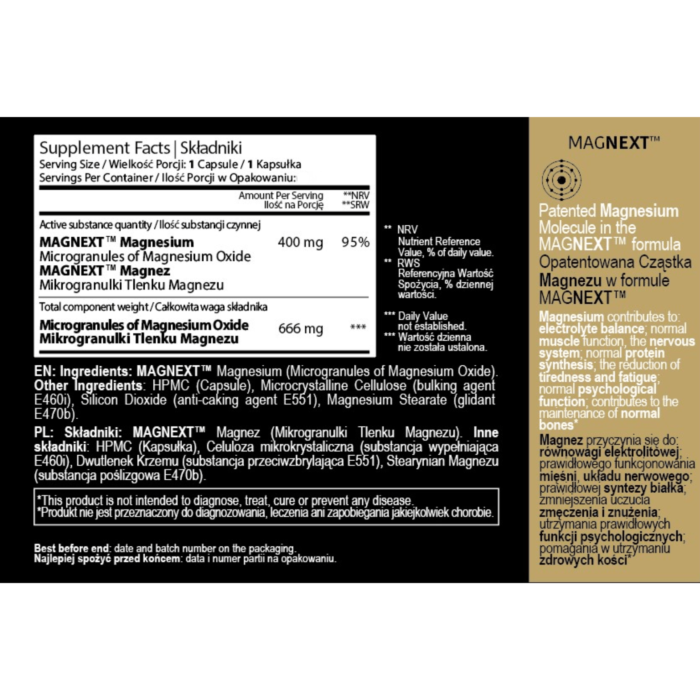 PRIME Magnez MAGNE MAX GOLD MAGNEXT™ Na zmęczenie, regenerację i wydajność organizmu, mięśnie i układ nerwowy, 400 mg, 90 kaps. 90 dni stosowania