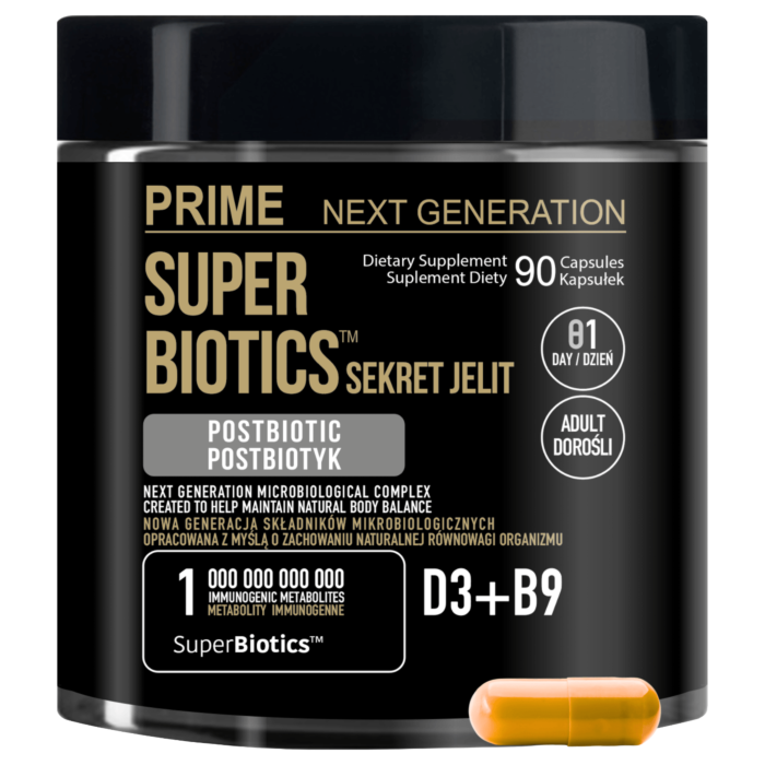 PRIME Postbiotyk SuperBiotics™ na jelita i odporność z witaminą D3 i B9, 550 mg, 90 kaps. 90 dni stosowania