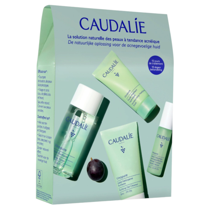 Caudalie Vinopure Zestaw Starter Kit: Oczyszczający żel do mycia twarzy 30 ml +  Tonik oczyszczający 50 ml + Punktowy preparat na niedoskonałości10 ml + Nawilżający fluid matujący 15 ml