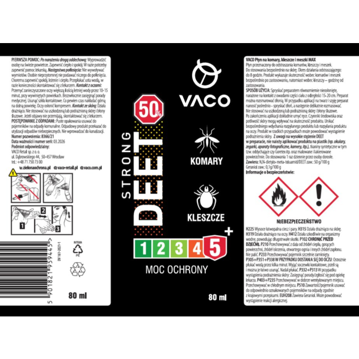 Vaco Strong 50 Płyn Na Kleszcze, Komary i Meszki Deet 50% + Geraniol 