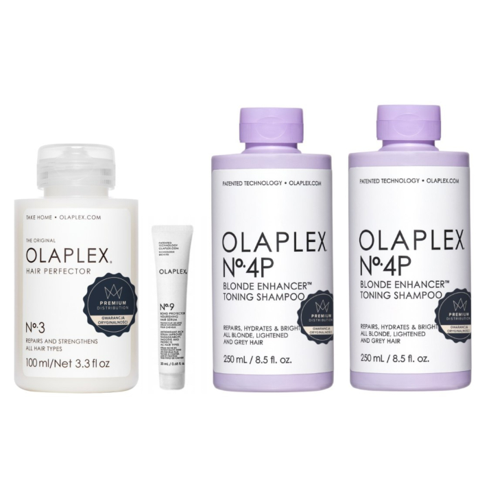 Olaplex Zestaw kosmetyków do pielęgnacji włosów blond (Szampon No. 4P + Odżywka No. 5P + Kuracja No. 3 + Serum No. 9)