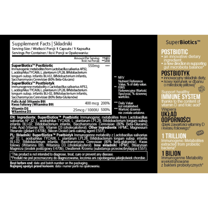 PRIME Postbiotyk SuperBiotics™ na jelita i odporność z witaminą D3 i B9, 550 mg, 90 kaps. 90 dni stosowania