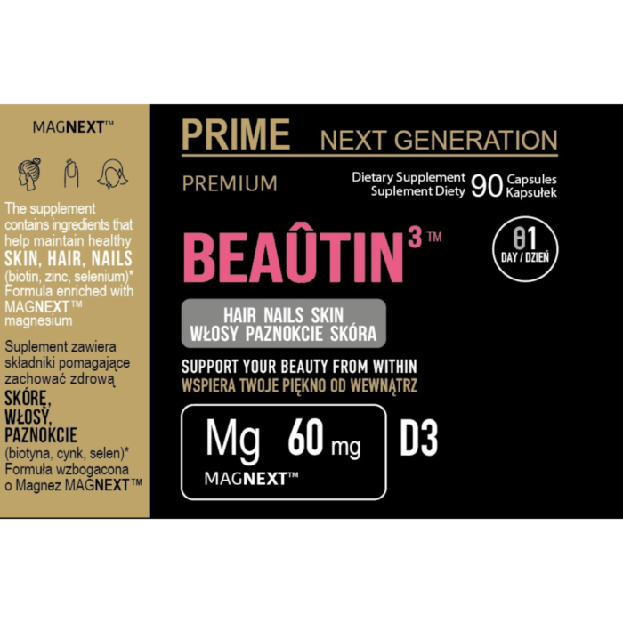 PRIME BEAÛTIN³™ Kompleks beauty na włosy, skórę i paznokcie z biotyną, cynkiem i krzemem, Biotyna 5000 mcg, 90 kaps. 90 dni stosowania