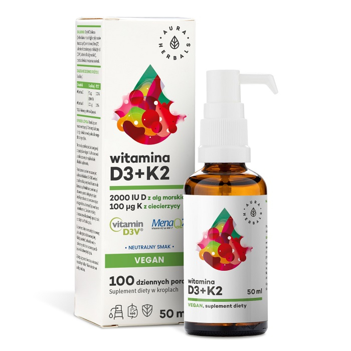 Aura Herbals Witamina D3 2000 IU + K2 Vegan, Krople, 50 ml