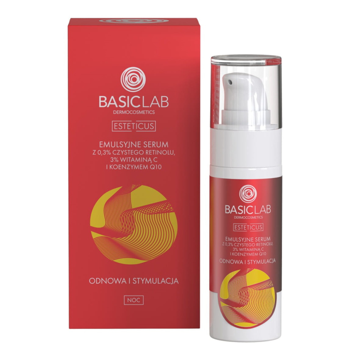 BasicLab Emulsyjne serum z retinolem 0,3%, witaminą C 3% i koenzymem Q10, 30 ml