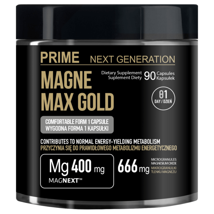 PRIME Magnez MAGNE MAX GOLD MAGNEXT™ Na zmęczenie, regenerację i wydajność organizmu, mięśnie i układ nerwowy, 400 mg, 90 kaps. 90 dni stosowania