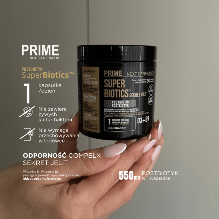 PRIME Postbiotyk SuperBiotics™ na jelita i odporność z witaminą D3 i B9, 550 mg, 90 kaps. 90 dni stosowania
