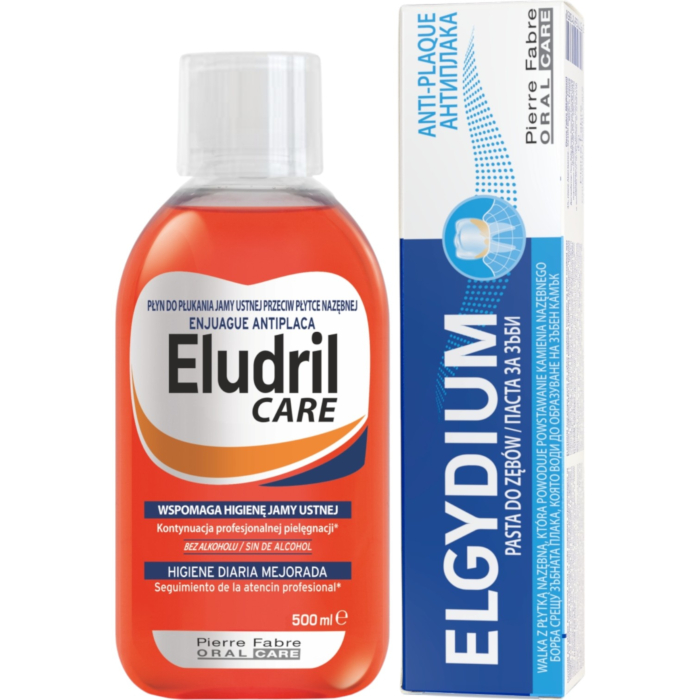 Eludril Zestaw: Płukanka Care 500 ml + Pasta Anti-plaque 75ml