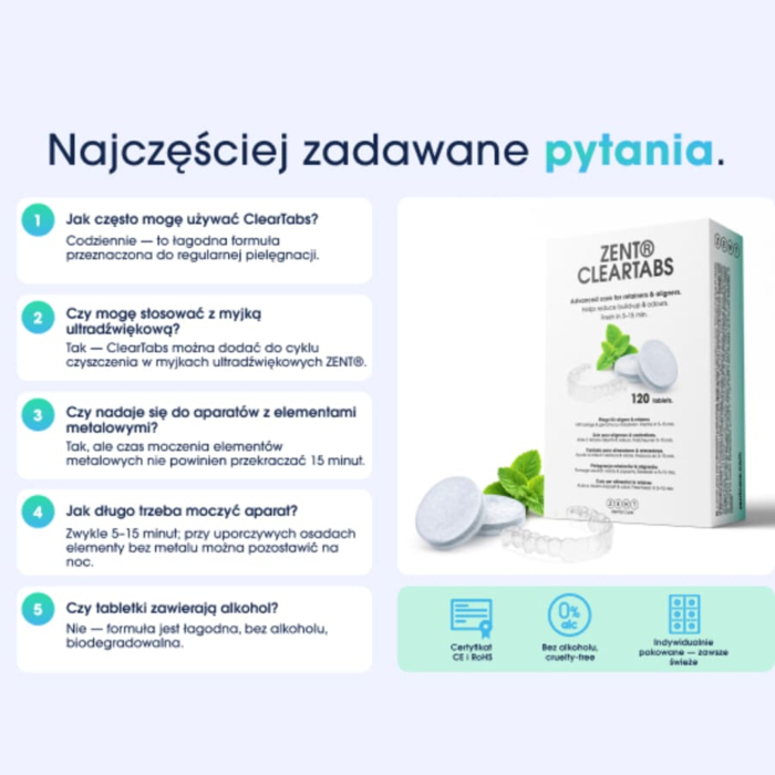ZENT Tabletki do czyszczenia protez i nakładek, odświeżające, miętowe 120 szt.