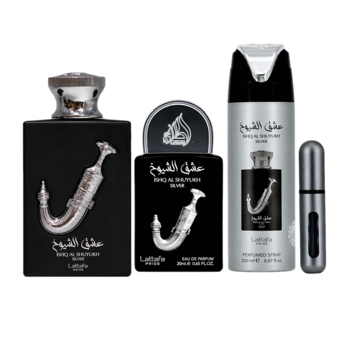 Lattafa Ishq Al Shuyukh Silver zestaw prezentowy męski, woda perfumowana 100 ml, woda perfumowan 20 ml, dezodorant perfumowany 200ml