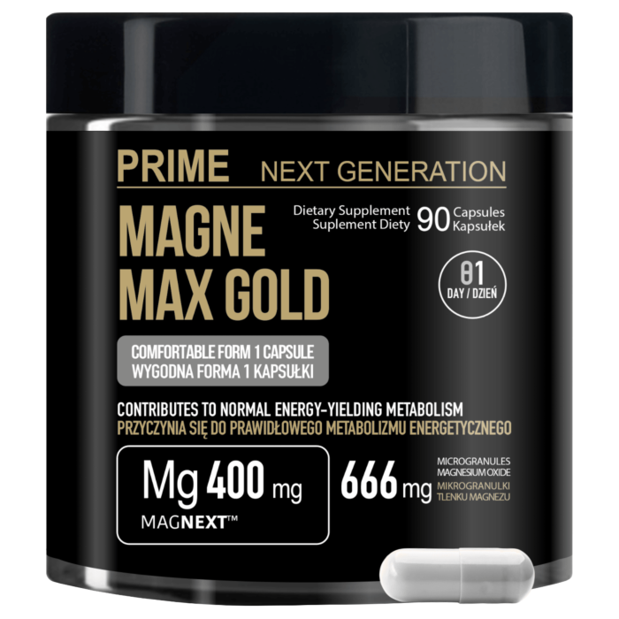 PRIME Magnez MAGNE MAX GOLD MAGNEXT™ Na zmęczenie, regenerację i wydajność organizmu, mięśnie i układ nerwowy, 400 mg, 90 kaps. 90 dni stosowania