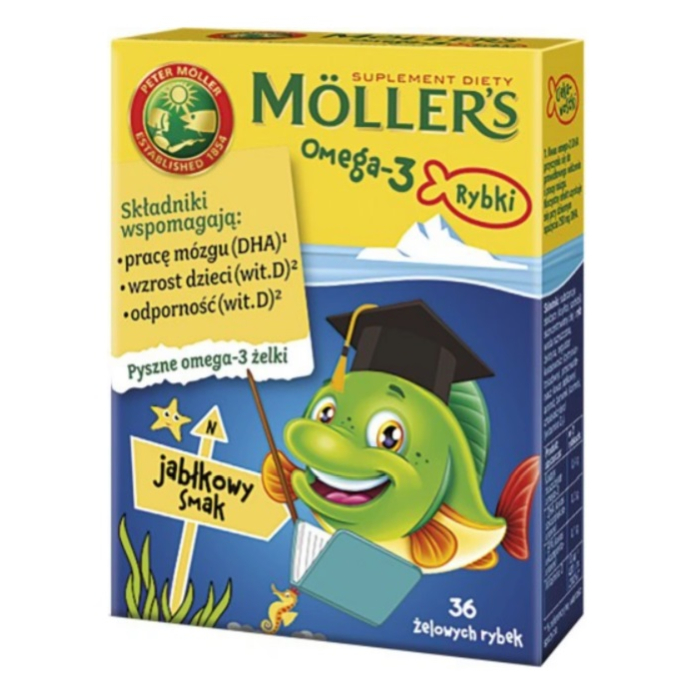 Mollers Omega-3 Rybki, Żelki z kwasami omega-3 i witaminą D3 dla dzieci, Smak jabłkowy