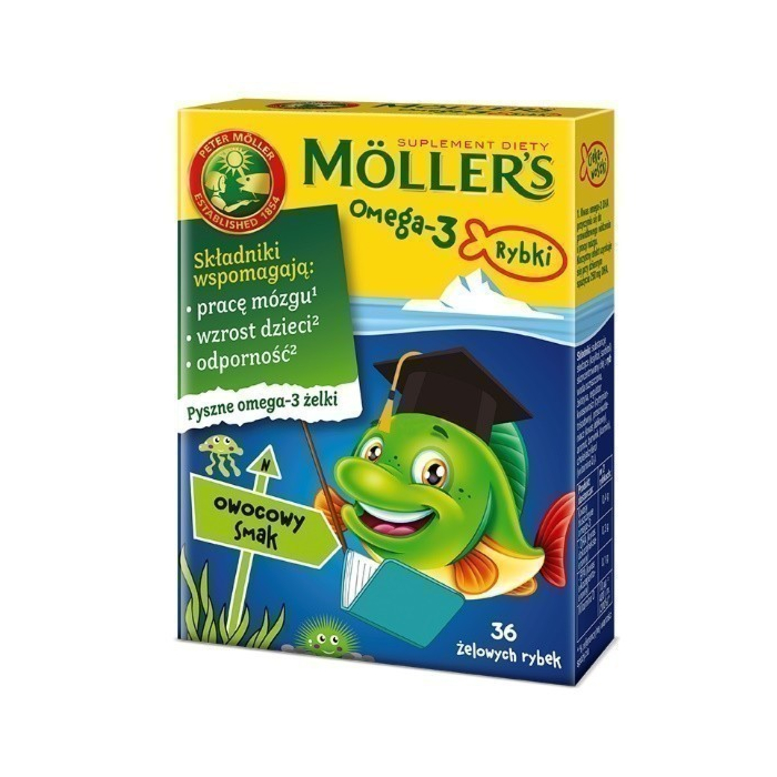 Mollers Omega-3 Rybki, Żelki z kwasami omega-3 i witaminą D3 dla dzieci, Smak owocowy
