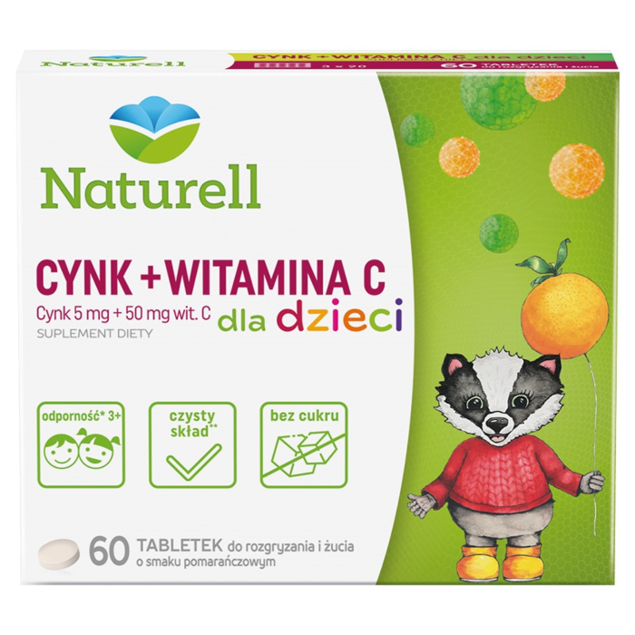 Naturell Cynk + Witamina C dla dzieci, Tabletki do rozgryzania i żucia, Smak pomarańczowy