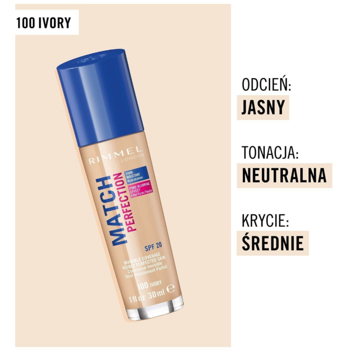 Rimmel Match Perfection Podkład do twarzy, 100 Ivory, 30 ml