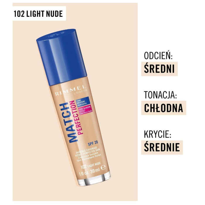 Rimmel Match Perfection Podkład do twarzy, 102 Light Nude, 30 ml