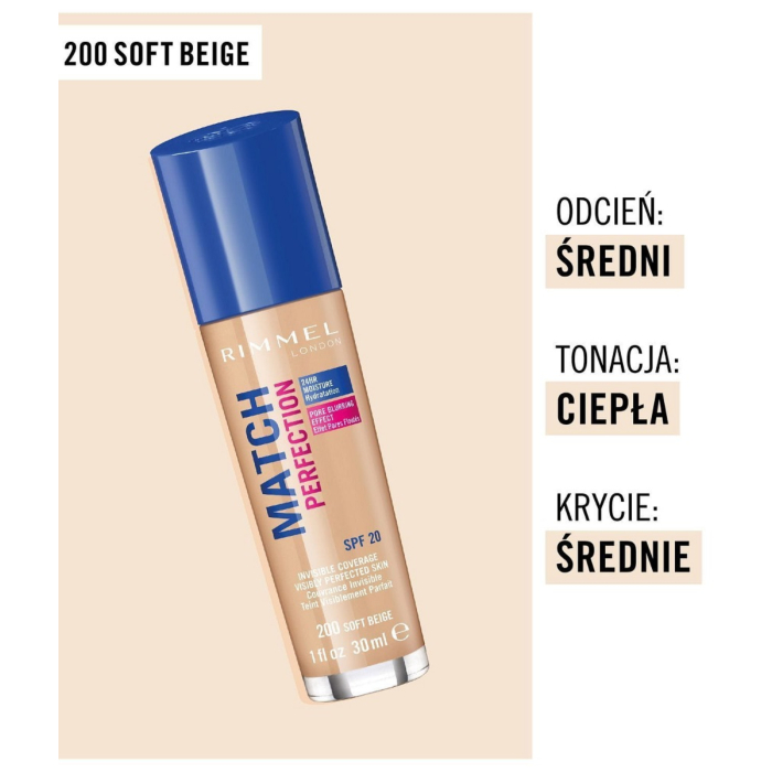 Rimmel Match Perfection Podkład do twarzy, 200 Soft Beige, 30 ml