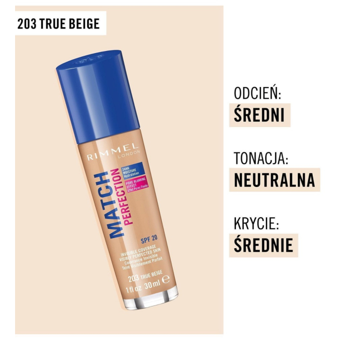 Rimmel Match Perfection Podkład do twarzy, 203 True Beige, 30 ml