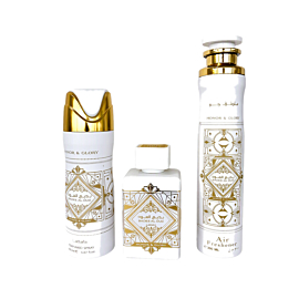 Lattafa Bade'e Al Oud Honor & Glory zestaw prezentowy unisex, woda perfumowana 100 ml, perfumowany dezodorant 200 ml, perfumowany odświeżacz do pomieszczeń, 300ml