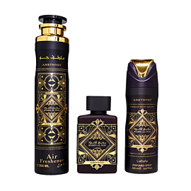 Lattafa Bade'e Al Oud Amethyst zestaw prezentowy unisex, woda perfumowana 100 ml, perfumowany dezodorant 200 ml, parfumowany odświeżacz do pomieszczeń, 300ml