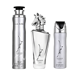 Lattafa Maahir Legacy zestaw prezetowy unisex, woda perfumowana 100 ml, perfumowany dezodorant 200 ml, parfumowany odświeżacz do pomieszczeń, 300ml