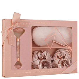 Crystallove Rose Quatrz Home Spa Set (Roller z Kwarcu R&oacute;żowego + Opaska z Jedwabiu + 4 Gumki z Jedwa