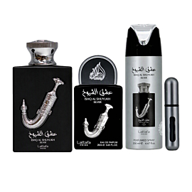 Lattafa Ishq Al Shuyukh Silver zestaw prezentowy męski, woda perfumowana 100 ml, woda perfumowan 20 ml, dezodorant perfumowany 200ml