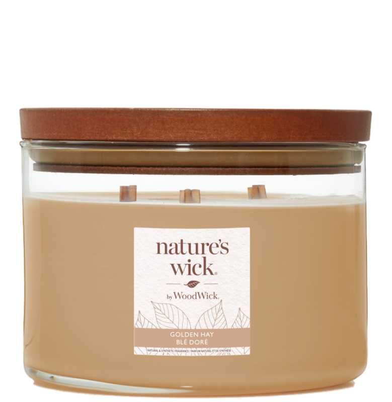 Woodwick Natures Wick Candela in Vetro con 3 Fili di Legno Golden Hay