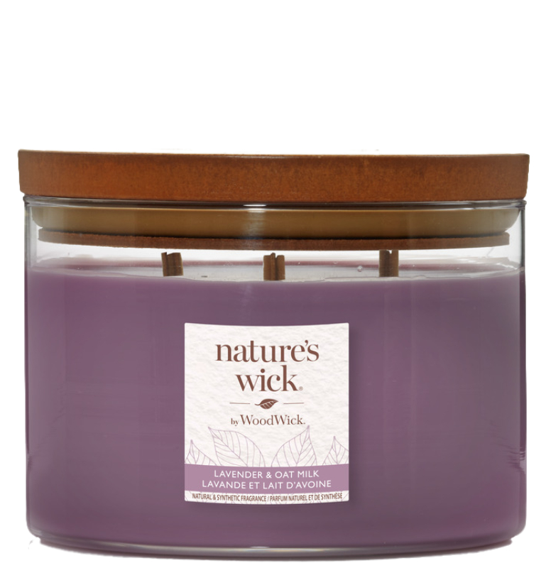 Woodwick Natures Wick Candela in Vetro con 3 Fili di Legno Lavender & Oatmilk
