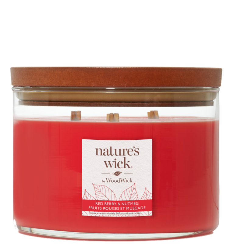 Woodwick Natures Wick Candela in Vetro con 3 Fili di Legno Redberry & Nutmeg